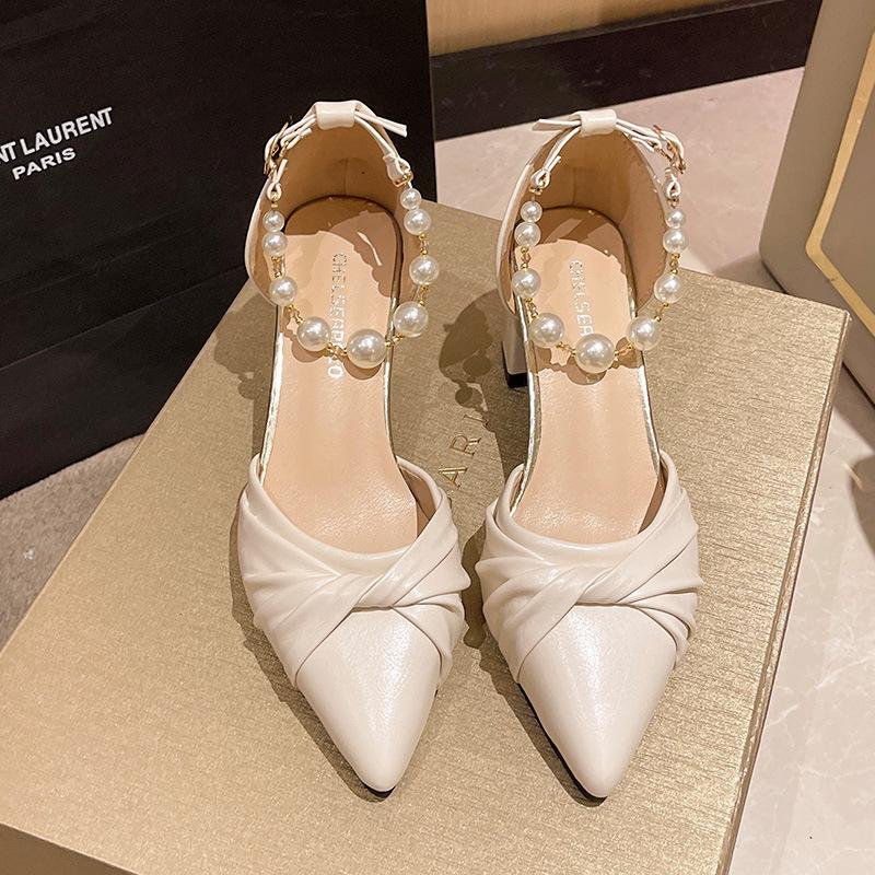 With skirt pearl high heels women's spring and summer new medium thick heel pointed head shallow mouth hollow sandals