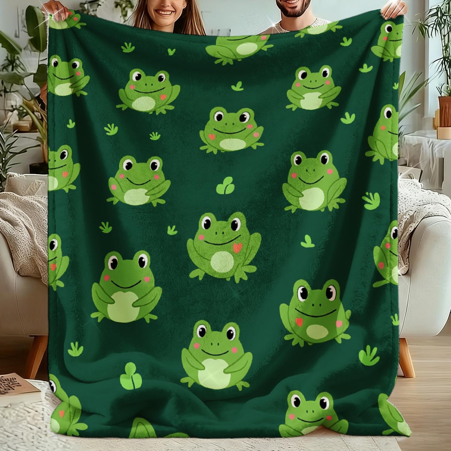 Cute Frog Pattern Blanket, Soft Warm Cozy Green Background Fuzzy Throw for Bed Sofa, Perfect Birthday Gift 75X95CM