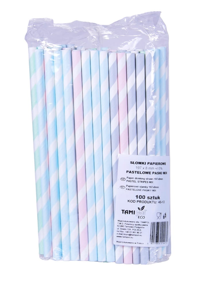 Słomki Papierowe Grube Pastel Paski Mix Kolor 200X8Mm / 100 Szt