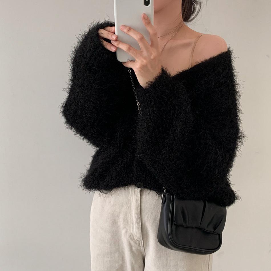 Chic Korean Faux Mink Long-Sleeve V-Neck Cardigan Sweater for Women