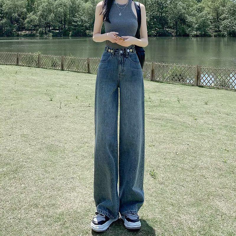 

Женские джинсы с высокой талией из плотного флиса - Зима 2022 года, свободный узкий широкий фасон Retro Blue Regular