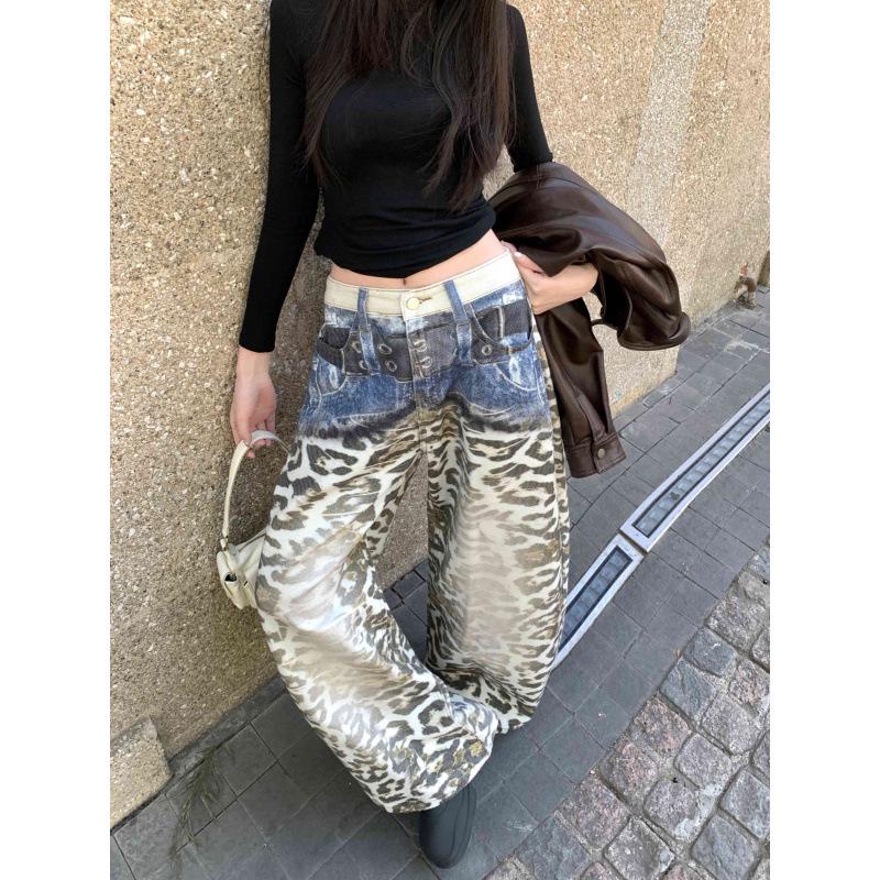 Women's American Retro Leopard Print Wide-Leg Jeans