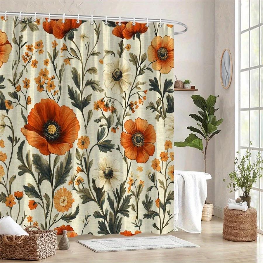 

1Pc Orange Poppies & White Daisies Shower Curtain - Vibrant Digital Floral Design On Soft Cream Canvas, Durable Polyester Fabric W60H190(CM)-1 Pcs