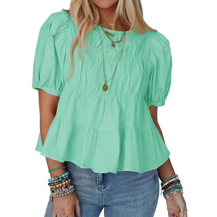 New Summer Puffed-sleeve Doll Shirt, Short-sleeved Loose and Casual A-line Pleated Stylish Top