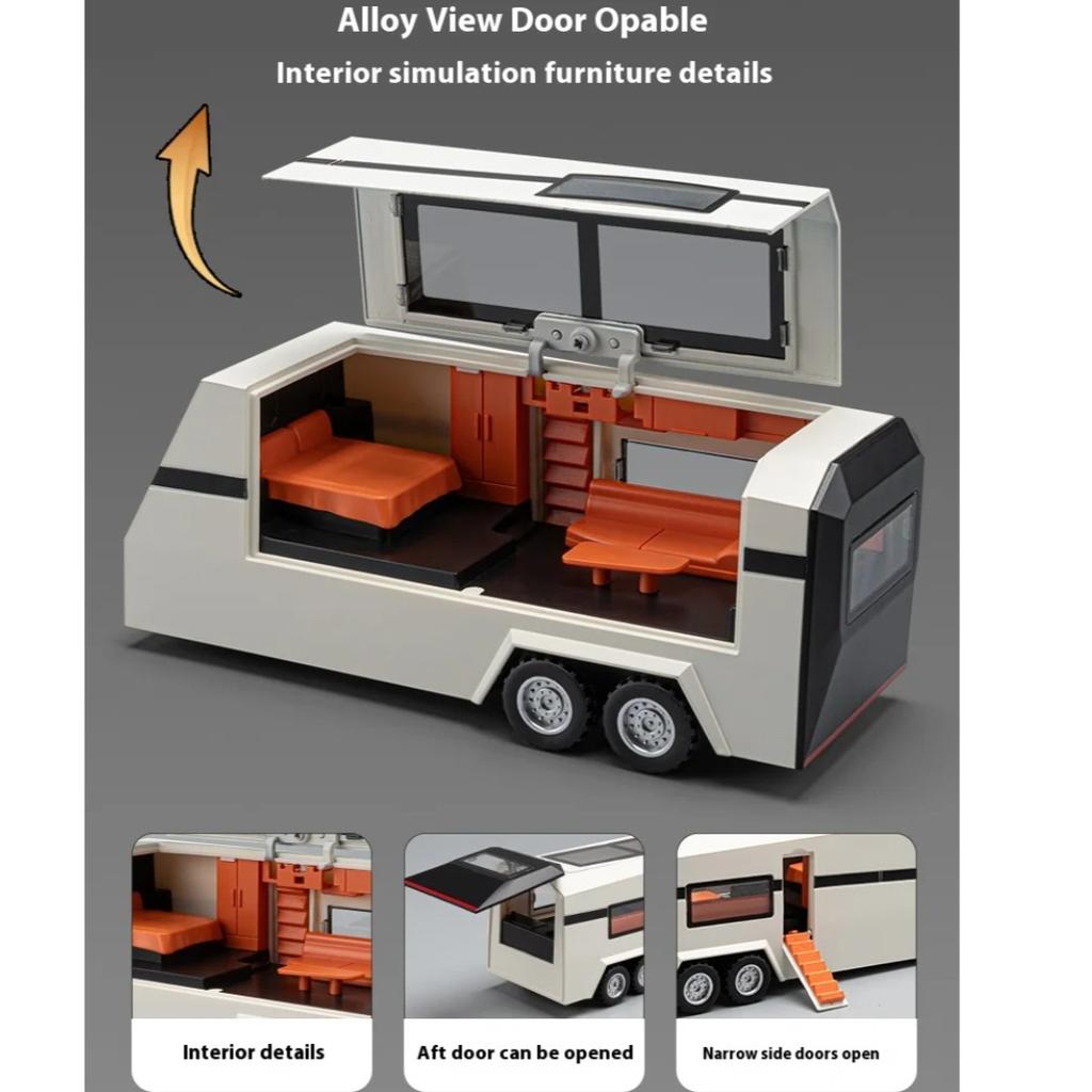 1/24 Scale Tesla Model3 Towing RV Alloy Model, Open Door Car Ornaments for Children's Sound and Light Toys To Give Gifts To Boys