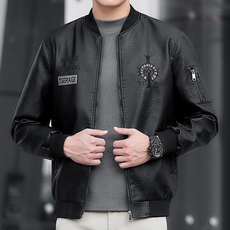 Fattened plus size men's leather jacket autumn and winter middle-aged and young business leisure versatile trench coat leather jacket