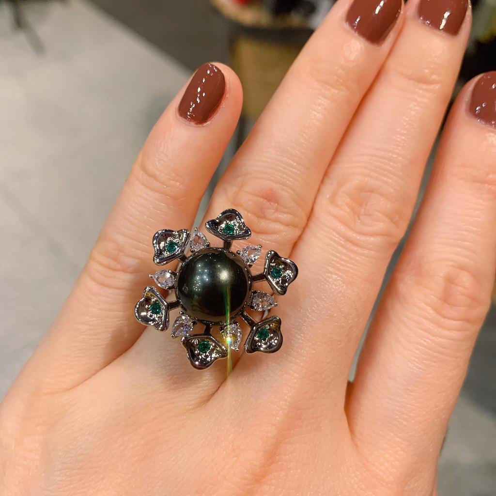 Tiktok Cross-border Australian Fritillary Pearl Micro Inlaid Green Ring Fashion Adjustable