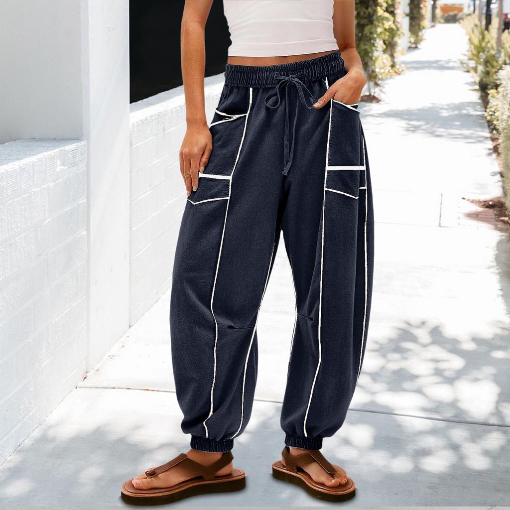 Women's Sanitary Pants, Wide Leg Pants, High Waist, Leg Cinching, Patchwork Pockets, Casual Pants