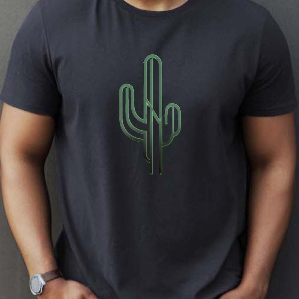 Cactus Outline Graphic Mens Cotton TShirt Short Sleeve Round Neck Casual Breathable Tee