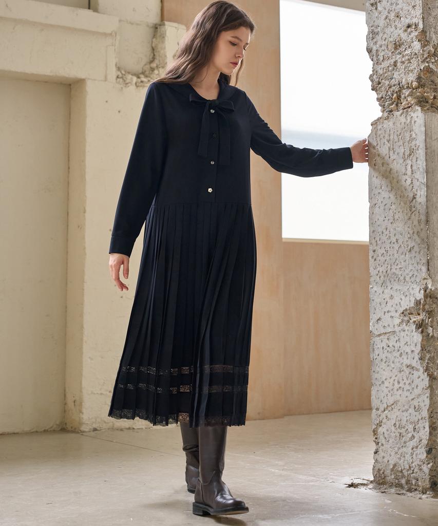 Mite Sailor Ribbon Lace Pleats Dress_Navy