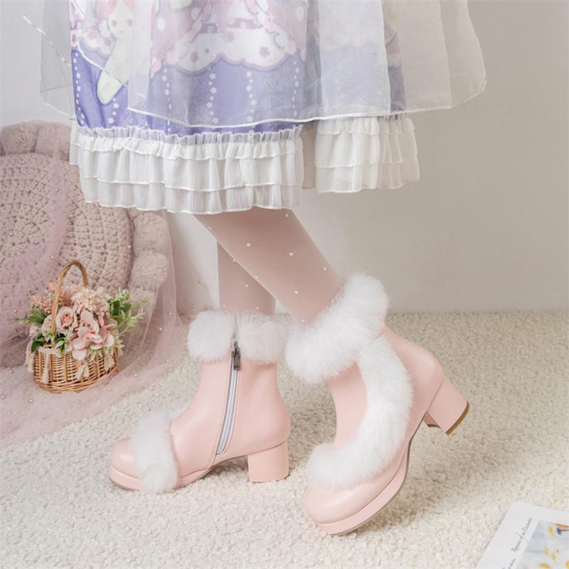 FOREADA Women Kawaii Ankle Boots Round Toe Thick Mid Heels Zipper Cosplay Lolita Short Boots Ladies Fashion Shoes Winter White 46