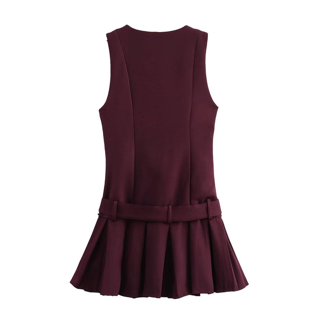 Europäisches & Amerikanisches V-Ausschnitt Gürtel Plissee Kleid mit Kurzem Rock