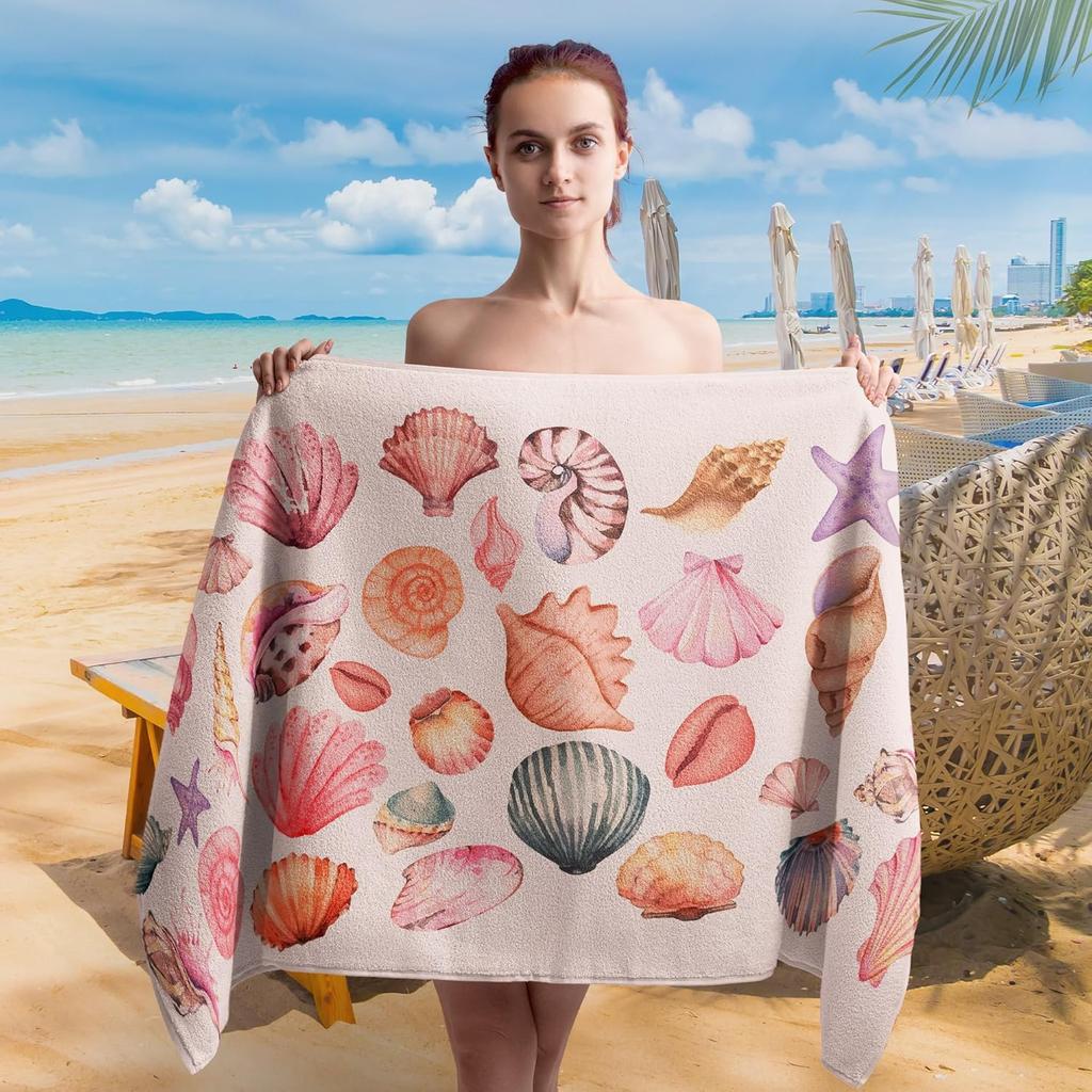 Coastal Pastel Seashell Beach Towels Oversized Gifts for Women Girls, Preppy Girly Coastal Ocean Quick Dry Travel Sand Free