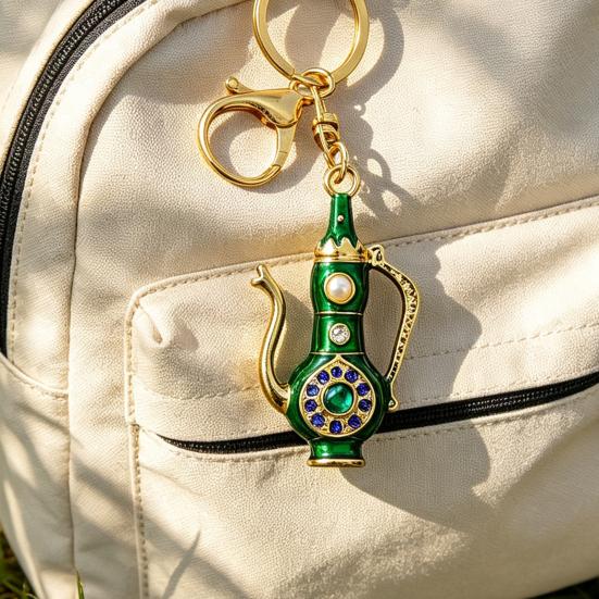 Pitcher Key Ring Retro Teapot Keychain with Rhinestones, Ethnic Style Decorative Backpack Accessory Ring, Pendant for Handbags Backpacks Car Keys Pot