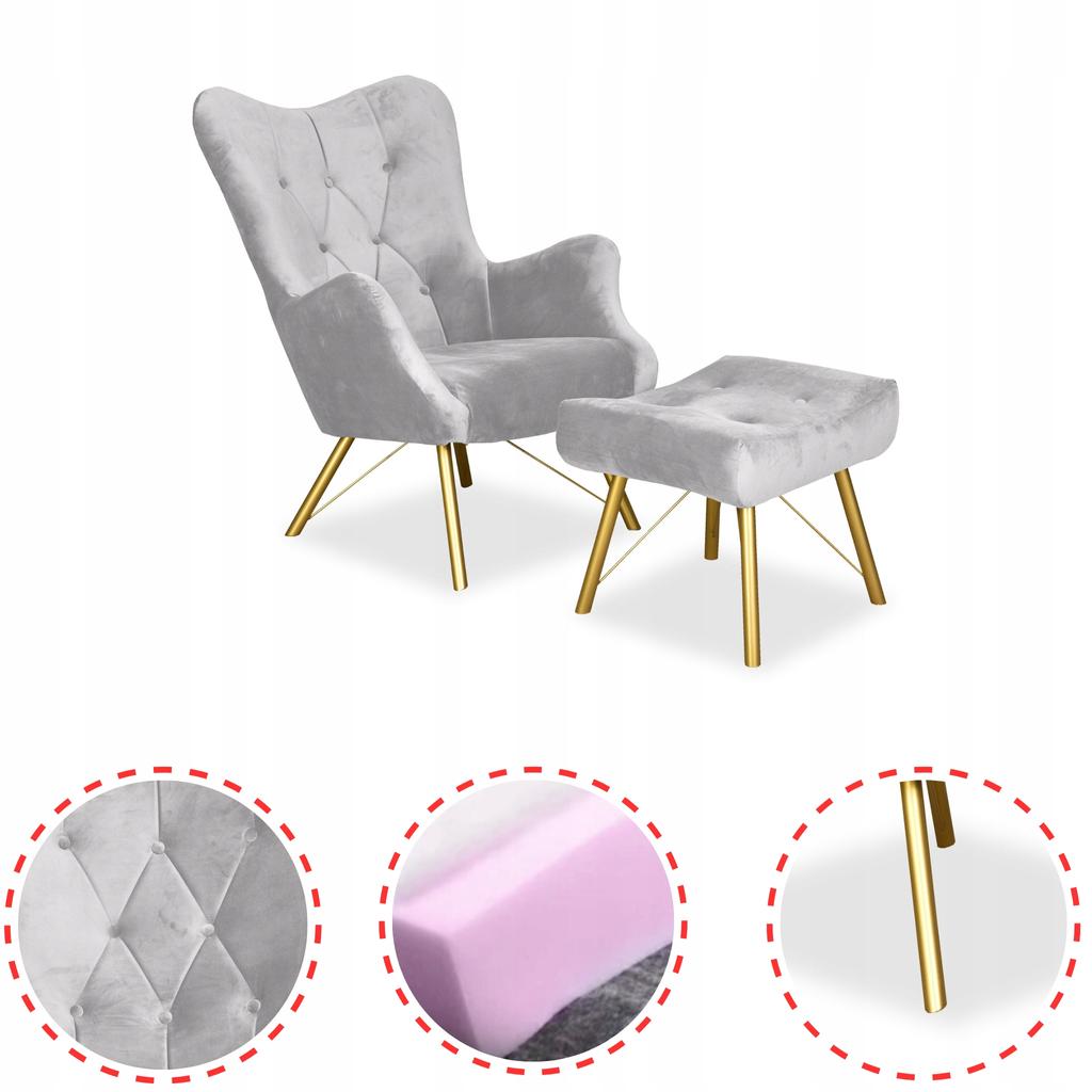 Scandinavian Armchair Luna with Footrest, Pouffe, Button, Family Meble, Grey Velvet