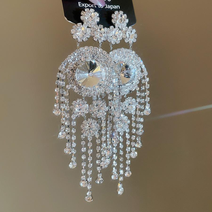 Silver Needle Retro Rhinestone Tassel Earrings: Luxurious, High-End Studs with Exaggerated Personality