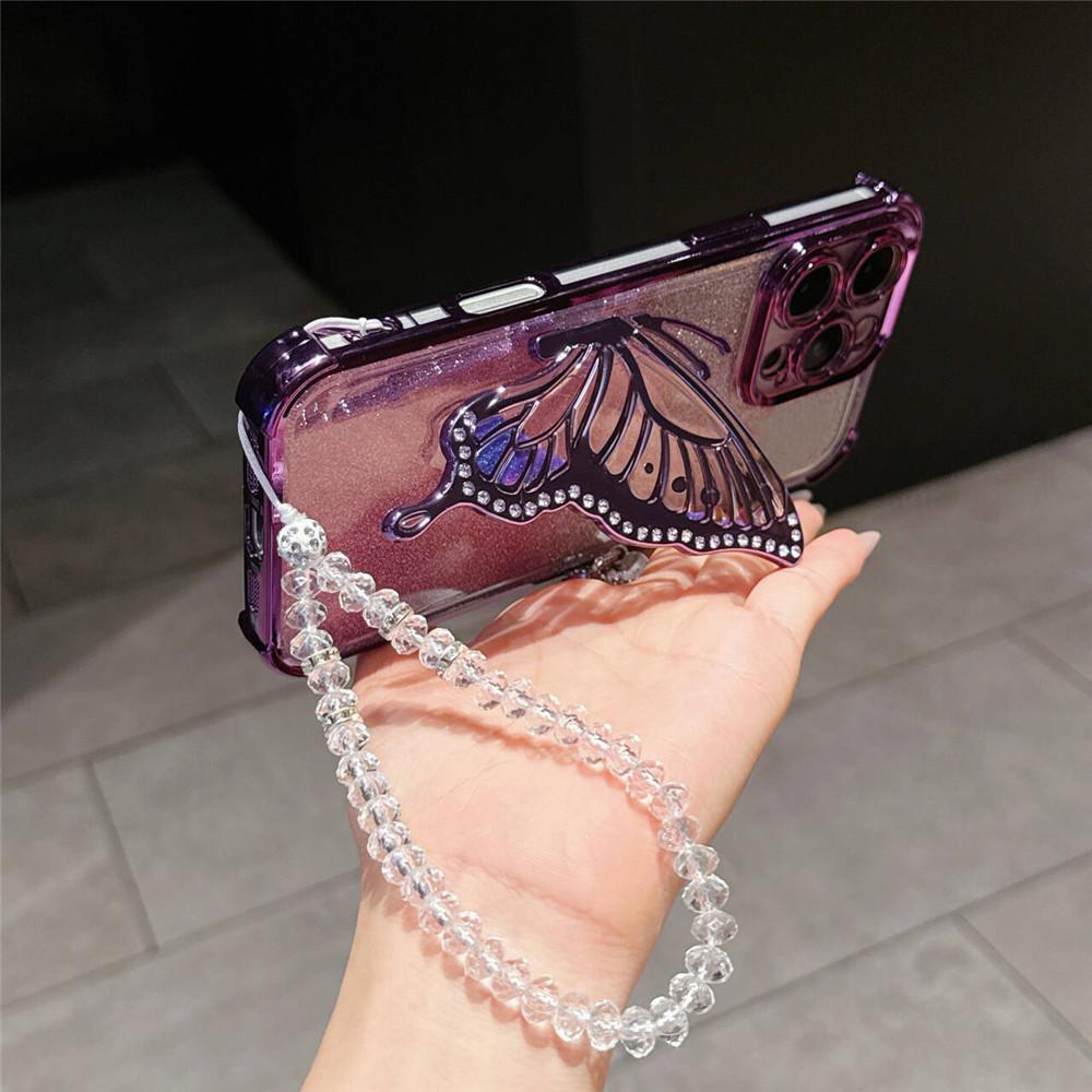 Redmi Note 14 Pro 5G Shockproof Glitter Butterfly Holder Stand Case For Xiaomi Redmi Note 14S 13 14 Pro Plus Crystal Chain Cover