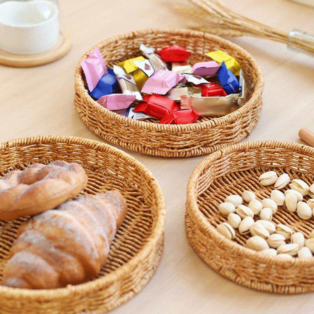 Mini Tray Plastic Hand Woven Basket Round Decorative Tray for Sweet Table Buffet Party Reception Use