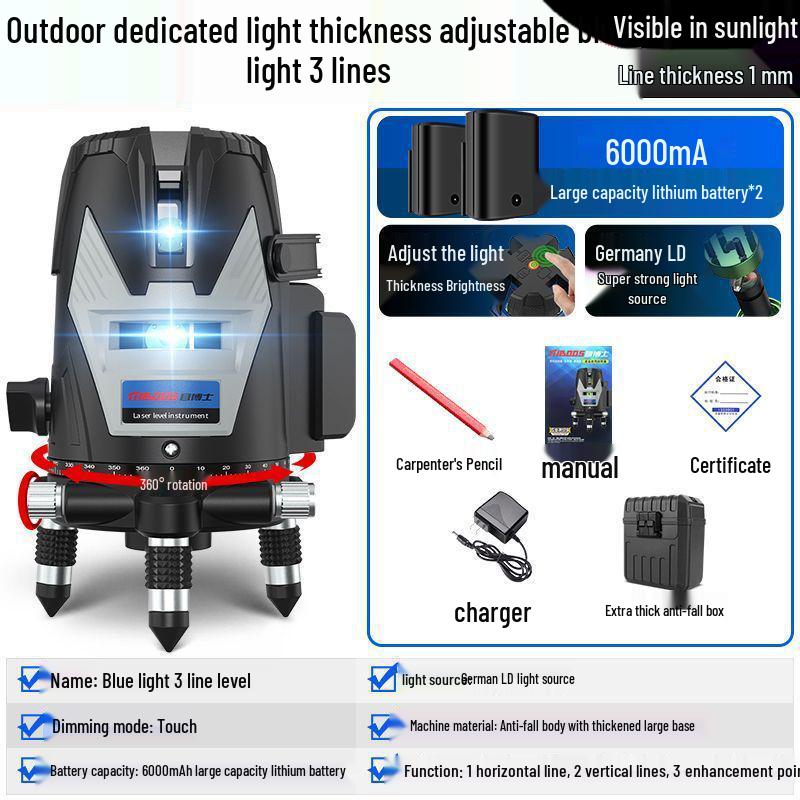 Vysoce přesná infračervená 5-liniová laserová vodováha pro stěnu a podlahu, samonivelační, zelené světlo, pro venkovní použití