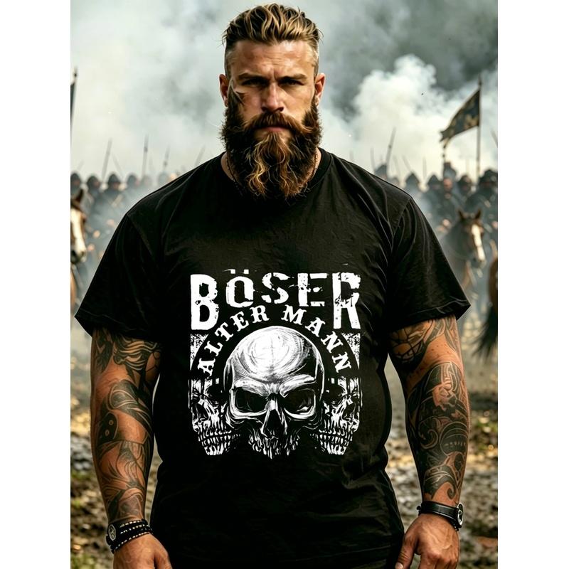 Black T Shirt With Skull And Boser Alter Mann Print For Men Outdoor Adventure And Casual Wear, PLUS SIZE