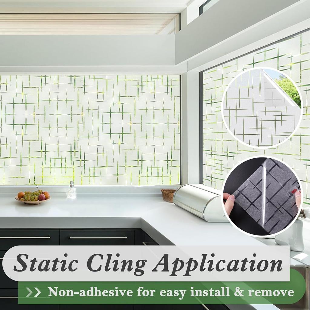 Frosted Window Privacy Film UV Blocking Static Cling Non-Adhesive, Cross Pattern Decorative Cover for Glass Door Home Office
