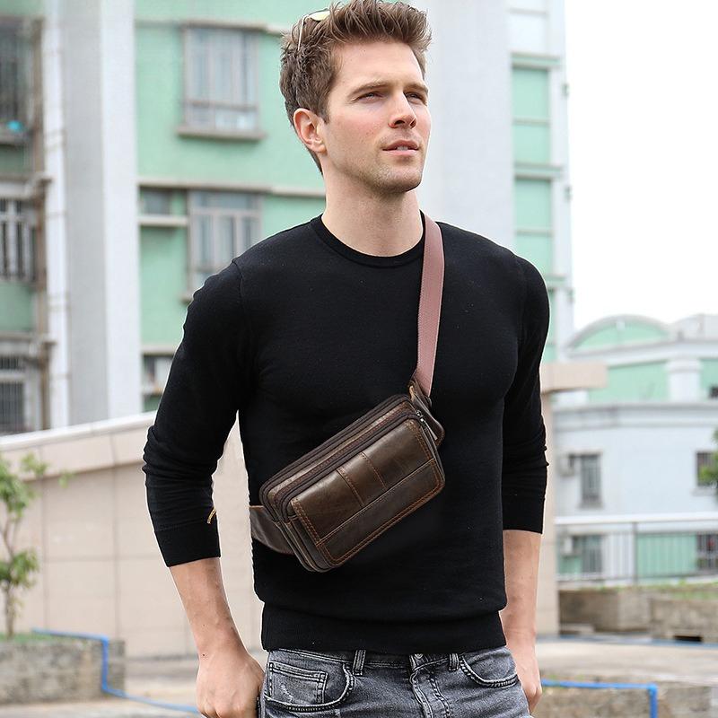 Leather Men's Waist Bag, Cowhide Outdoor Single Shoulder Crossbody Chest Bag, Men's Small Bag