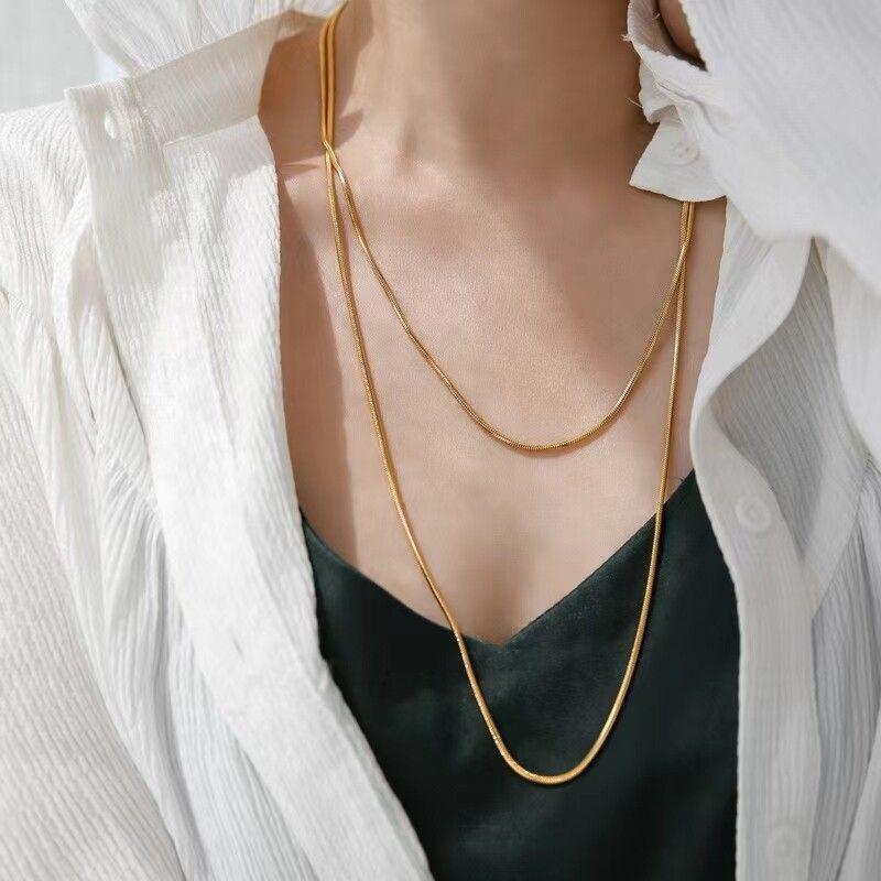 Classic Simple Ins Accessible Luxury Plain Gold Plated 18K Valuable Prescription Snake Bone Long Necklace Women's Sweater Chain Summer Does Not Fade