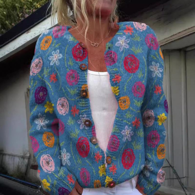 Cardigan Tricot Femme Col Rond Boutonnage Simple Imprimé Floral Manches Longues Vêtement d'Extérieur Décontracté