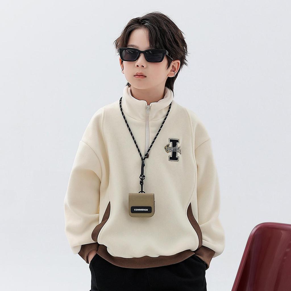 Boys' Reversible Fleece Hoodie - 2025 Autumn/Winter Collection, Thickened Half-Zip Pullover, Long-Sleeve Fashion Top for Medium/Large Kids.