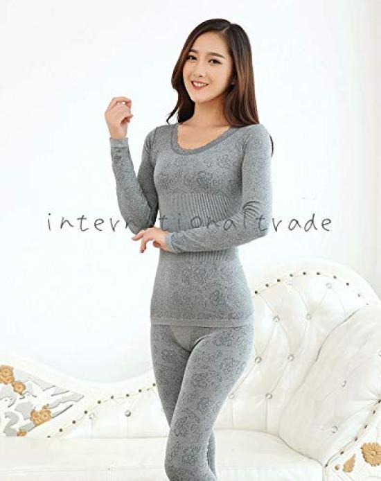 Fashion Warm Innerwear Winter Floral Long Sleeve Top and Round Gray Schicksal. Women's Set, 2-Piece Set, Underwear, Warmth, Print, Colorful, Pants,