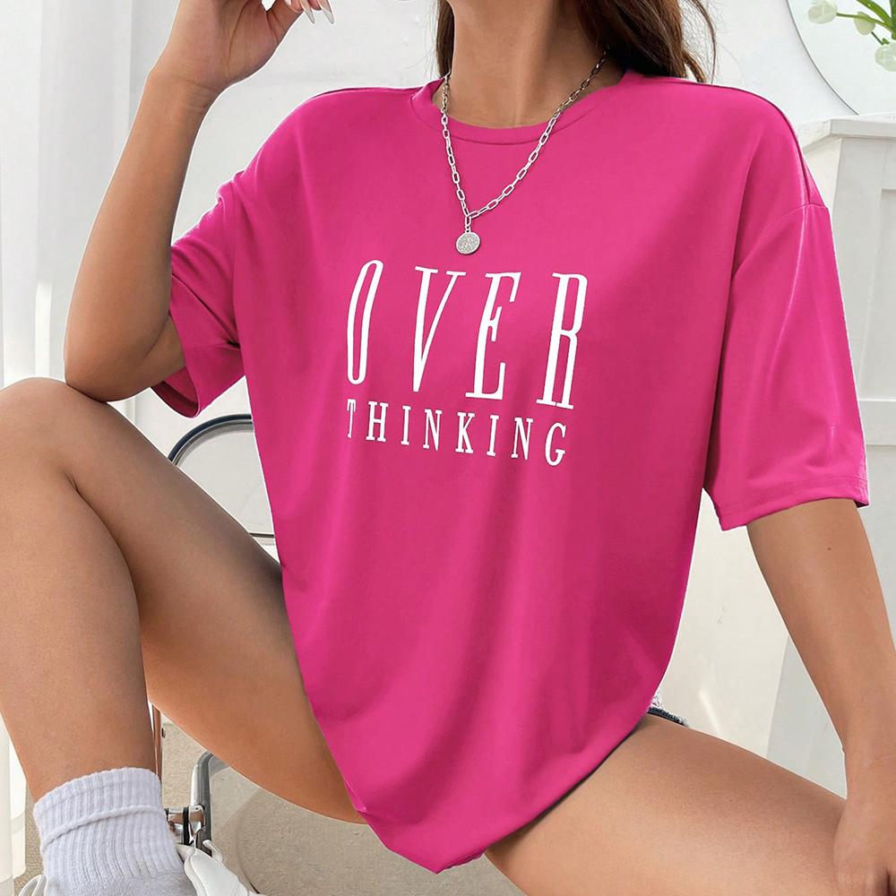 Over Thinking Letter Print Women Cotton Short Sleeve Breathable Vintage ONeck Tops Allmath Casual TShirts Female Tee Clothing
