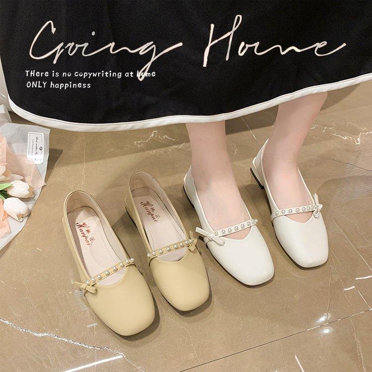 Dam vårsommar fyrkantig tå ljus mun tjock klack pedaler bär ljus mun dam pärla enkelskor avslappnade och mångsidiga