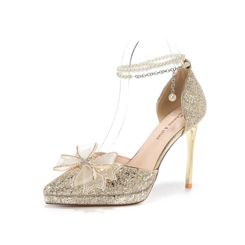 

Водонепроницаемые туфли на высоком каблуке с бантом для стола и жемчужной цепочкой для свадебного банкета или танца 40