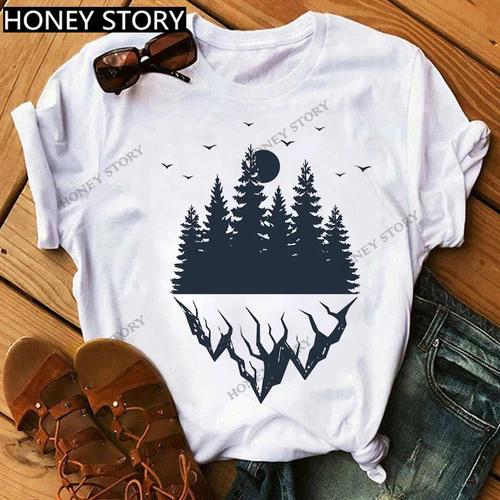 Mountain Print T-shirt Casual Harajuku T-shirt Beautiful Mountain Print Men's and Women's Trend Short Sleeve Summer polyester