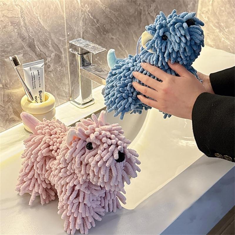 Cute Cartoon Dog Plush Pom Pom Chenille Hand Towel, Super Absorbent Hanging Towel for Kids, Soft Bathroom Drying Sponge
