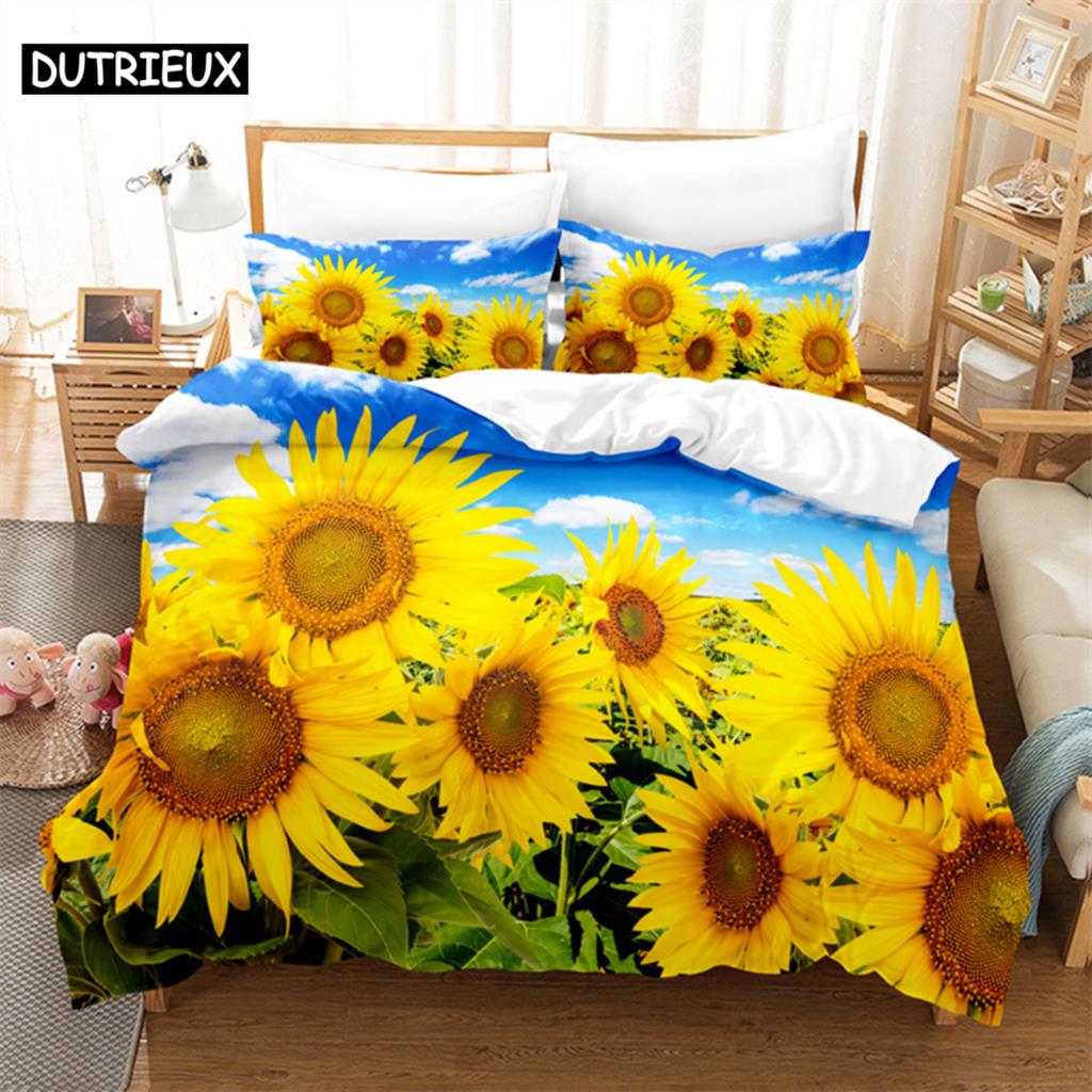 Floral Quilt Cover Queen Size Sunflower Duvet Cover 3D Bedding Set 3Pcs 2Pcs With Pillowcase King Full Twin Single Double Beds