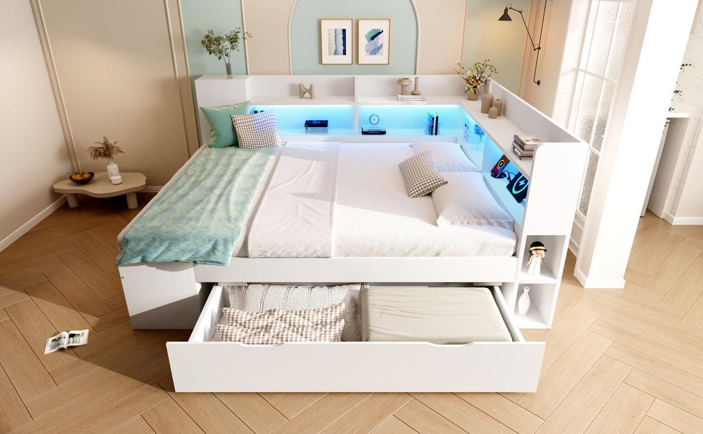 Daybed 140x200 cm Bianco Letto Singolo/Doppio per Ospiti, Base in Legno, Illuminazione a LED, Ricarica USB e Type-C, Mensole e Cassetti, incl.. Struttura a doghe (Con Materasso)