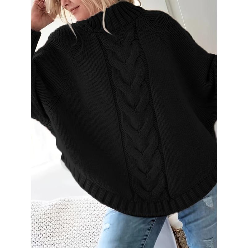 Women'S Vintage-Inspired Black Cable Sweater with High Neck, Loose Fit, Casual, Everyday Pullover, Vintage Sweater | Cable Pattern, Sweater Dress