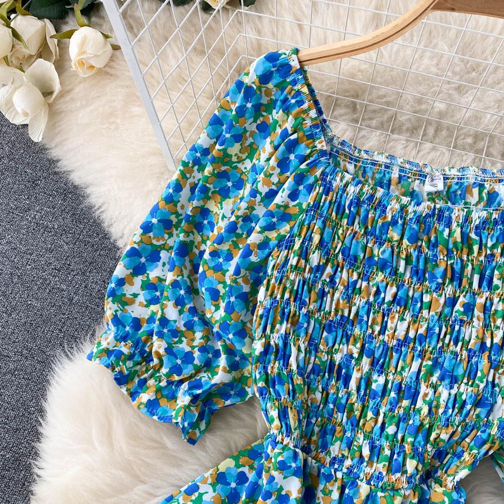 Women's Chic Sweet Slim Square Neck Bubble Sleeve Floral Dress Super Fairy Temperament A-line Dress