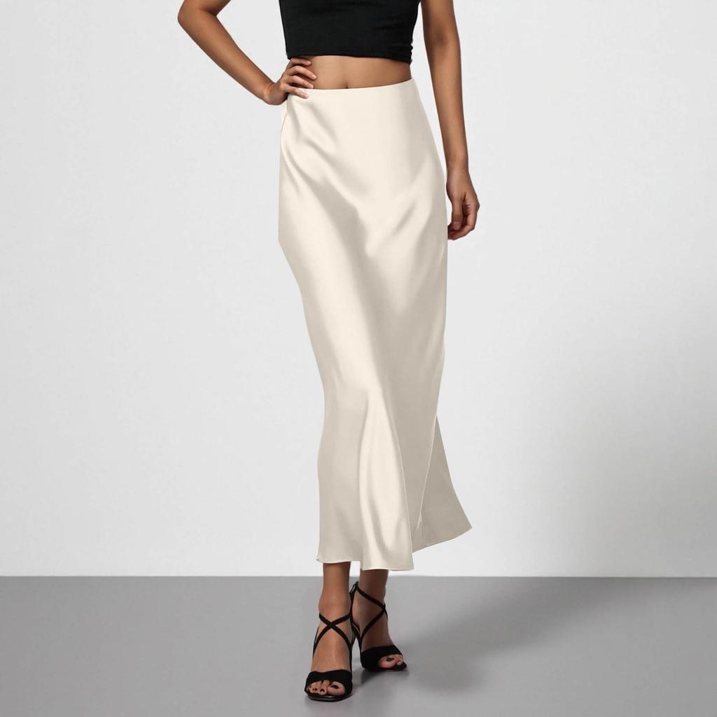 Stylish And Elegant Silky Satin Midi Skirt, Versatile, Slimming And Flowing Bodycon Maxi Skirt For Women.