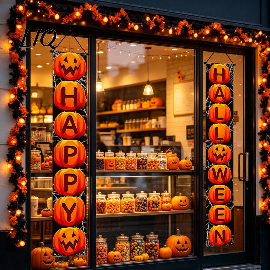 Festive Home Decor Halloween Porch Sign Banner, Pumpkin Ghost Party Awning Hanging Wall Decorative Holiday Banner Door Decoration, Front Wreath