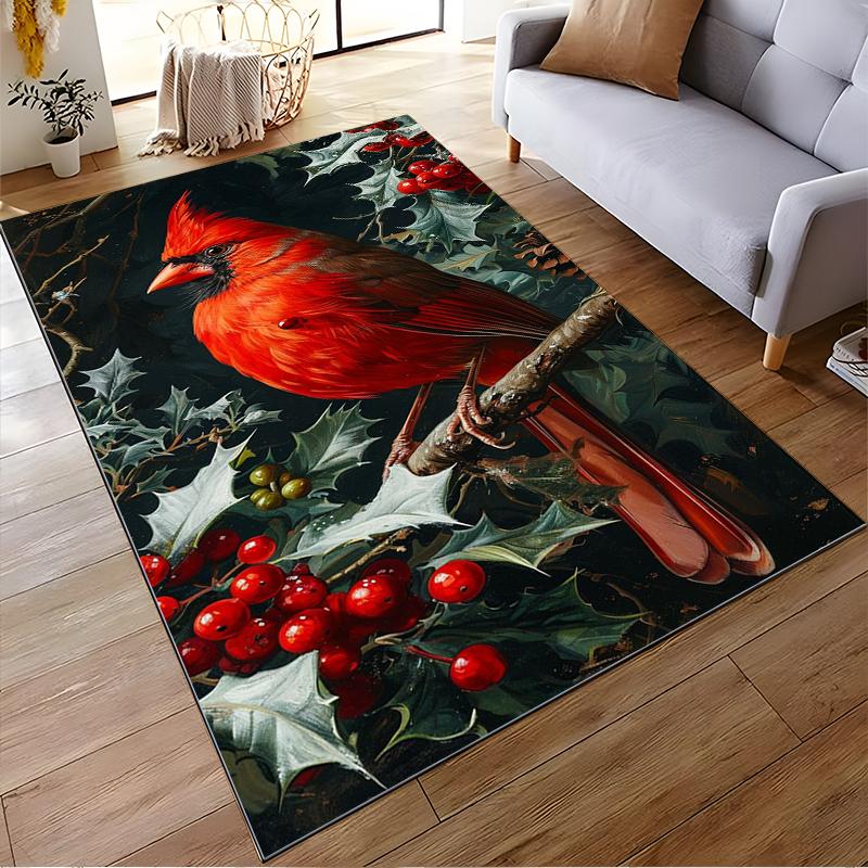 Red Cardinal Bird on Holly Branch Art Design Non-slip rug suitable for living room and bedroom sofas.