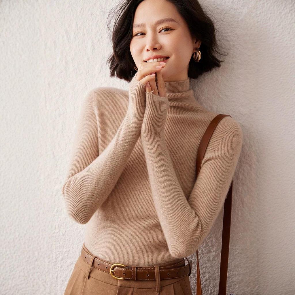 Women's High Neck Cashmere Sweater: Slim Fit Long Sleeve, Stacked Collar Knit for Autumn/Winter