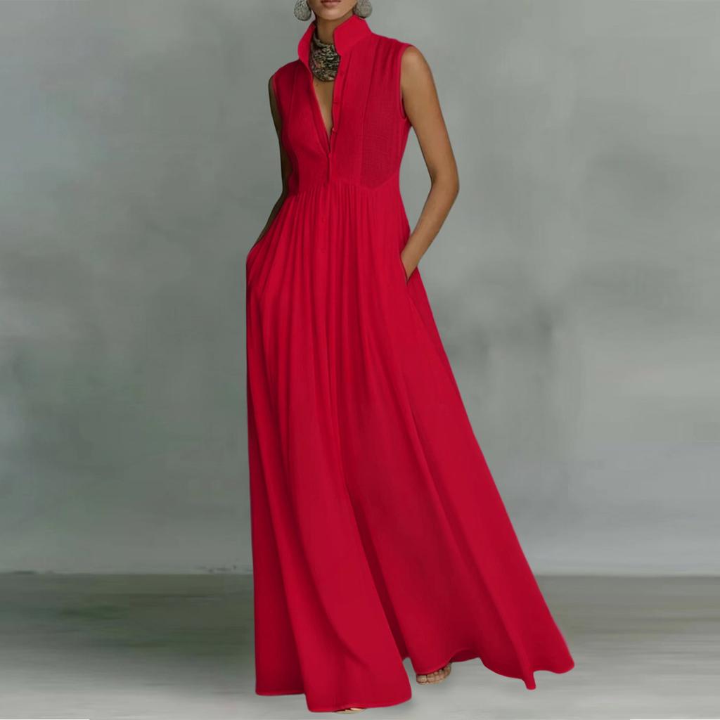 Women Pleated Maxi Dress Vacation Style Inspired Long Dress Sleeveless Elegant Solid Design Lightweight Fabric