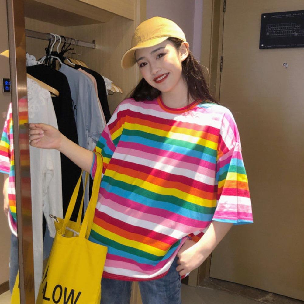 

New Striped Contrast Lazy Style Pullovers Top Summer Korean Short Sleeve Loose High Street T Shirts Casual Fashion Women Clothes M