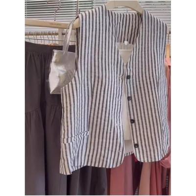 Women's Spring and Summer Loose Casual Vest Sleeveless Vertical Striped Shirt