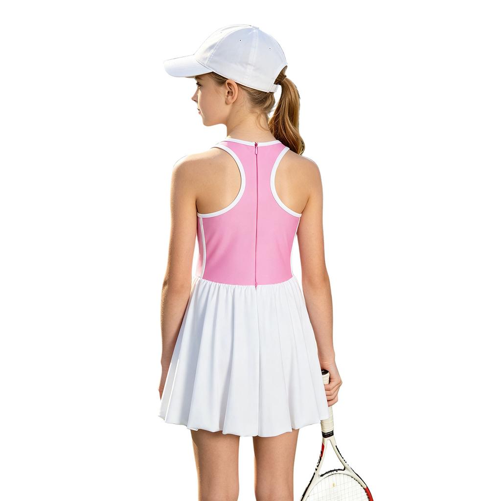 Girls Sports Tennis Dress Color Block Sleeveless Bubble Hem Sundress with Integrated Shorts for Golf Casual