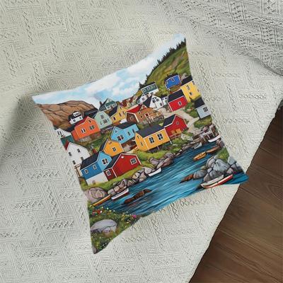 Colorful Coastal Fishing Village Pillow Cover Norwegian Fjord House Print Cushion Case Nautical Seaside Home Decor