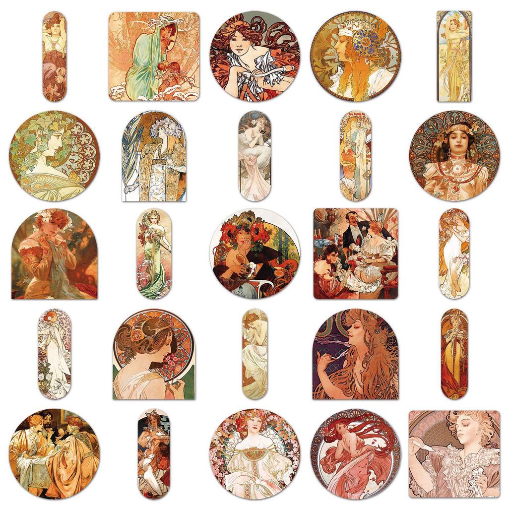 50 Autocolante Decorative Impermeabile: Arta lui Mucha pentru căni termoizolante și huse de telefon