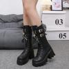 Fashion Women's Punk Gothic Boots 2025 Fashion Buckle Chain High Heels Mid Calf Boots Women Black Pu Leather Plus Size 42 Autumn Botas